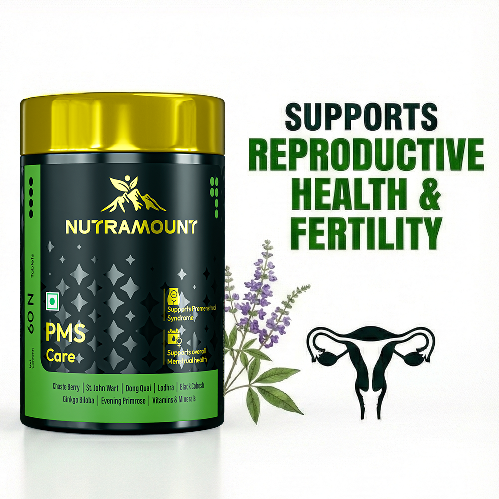 Infographic for Nutramount PMS Care supplement featuring a product bottle alongside eight quality assurance icons, including GMP certified, Non-GMO, Vegan, and Cruelty-Free.