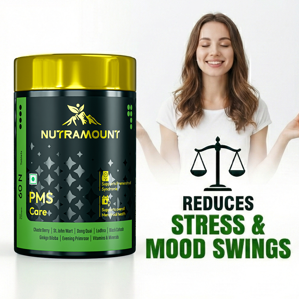 Infographic for Nutramount PMS Care supplement featuring a product bottle alongside a smiling woman and a scale icon, highlighting its benefits for reducing stress and mood swings.