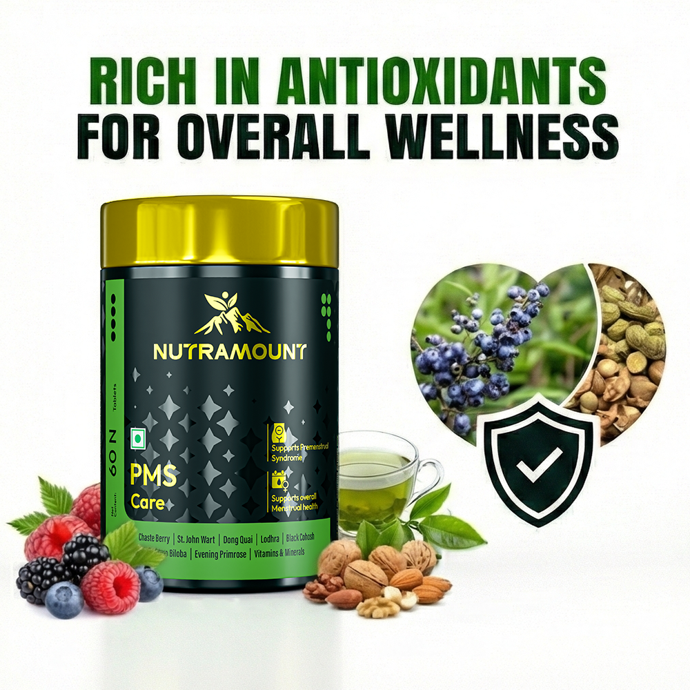 Infographic for Nutramount PMS Care supplement featuring a product bottle surrounded by antioxidant-rich foods like berries, nuts, and green tea to highlight its benefits for overall wellness.