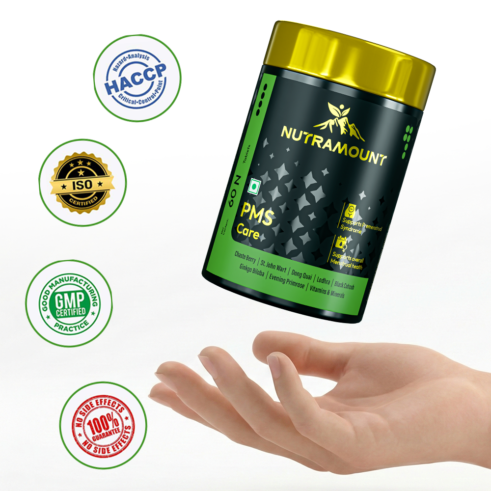 Infographic for Nutramount PMS Care supplement featuring a product bottle floating above an open palm, accompanied by four certification seals including HACCP, ISO, and GMP.
