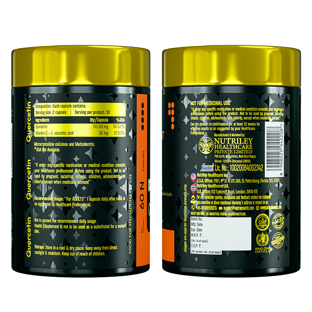 Back and side view of Nutramount Quercetin capsules bottle with supplement facts and usage details.
