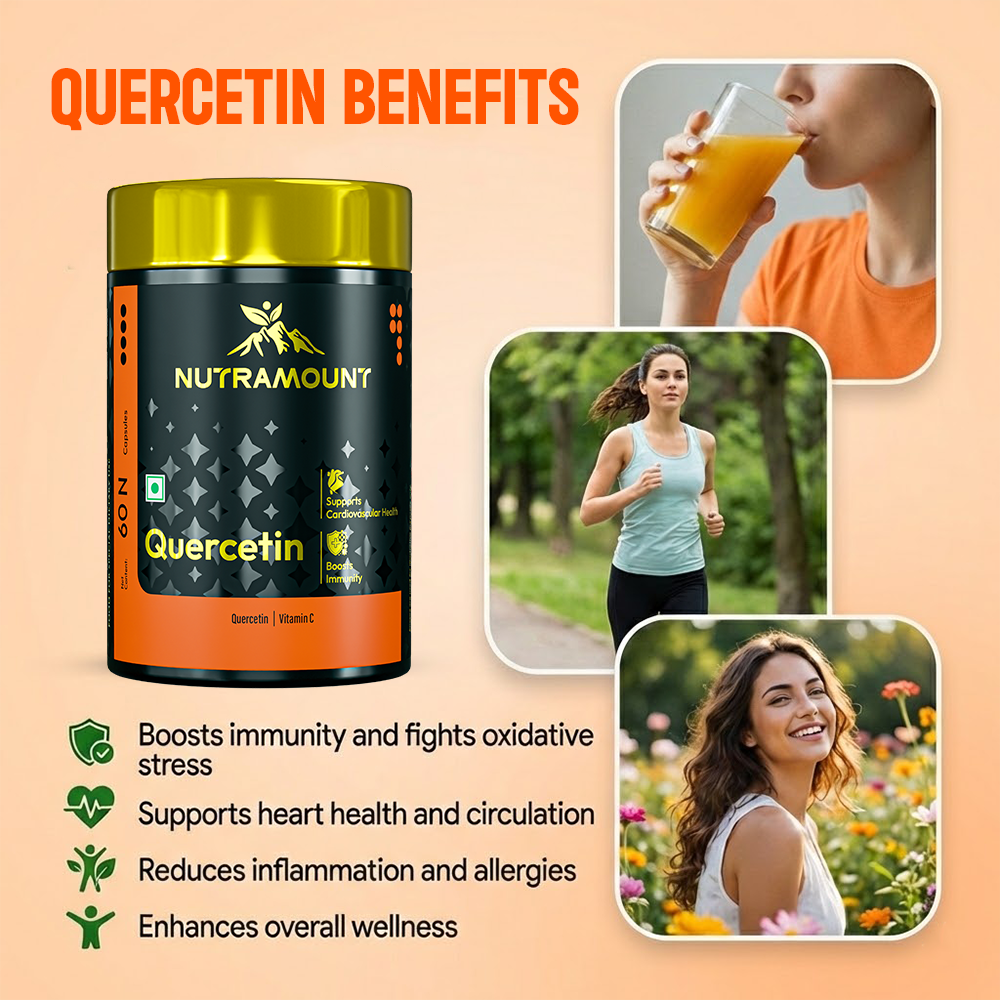 Nutramount Quercetin benefits poster highlighting immunity, heart health, and overall wellness support.