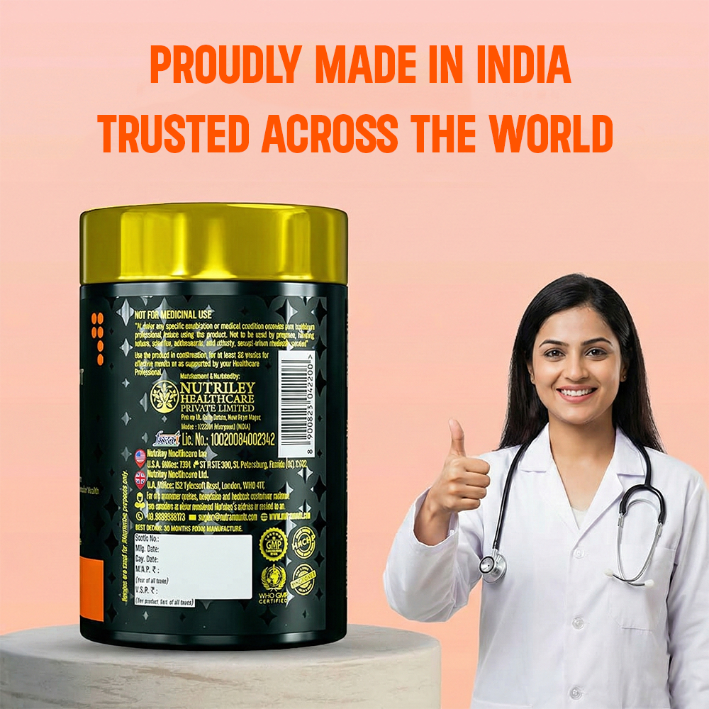 Nutramount Quercetin supplement with doctor endorsement and “Proudly Made in India” message.