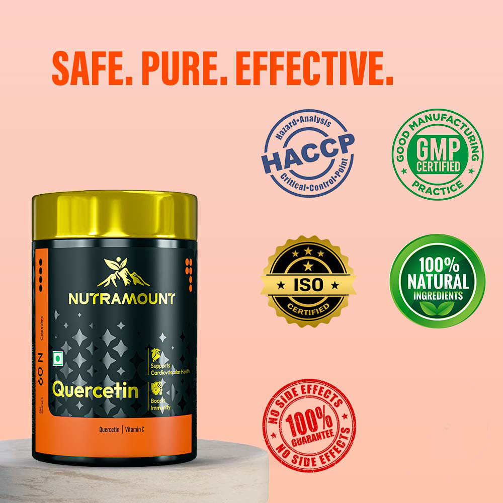 Nutramount Quercetin dietary supplement bottle displayed with HACCP, GMP, ISO, Natural, and No Side Effects certification seals.