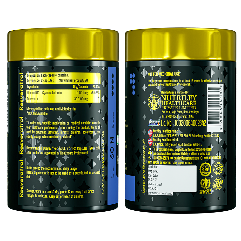 Side and back labels of a Nutramount Resveratrol bottle showing supplement facts, ingredients, and manufacturer information.