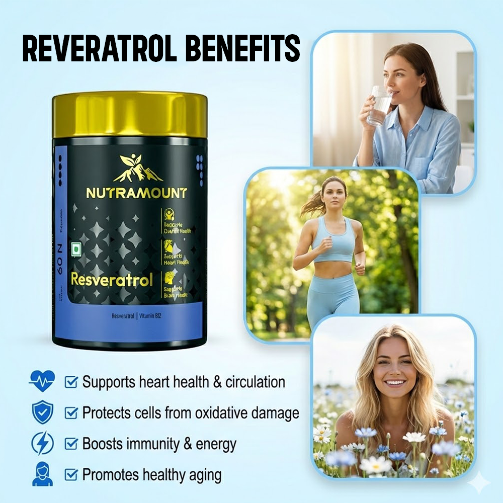 Infographic highlighting Resveratrol benefits like heart health and energy, featuring a supplement bottle alongside lifestyle images of a woman drinking water, jogging, and smiling.