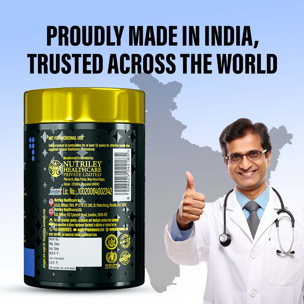 Marketing graphic for a supplement bottle featuring a smiling doctor giving a thumbs-up against a map of India and the text "PROUDLY MADE IN INDIA, TRUSTED ACROSS THE WORLD."