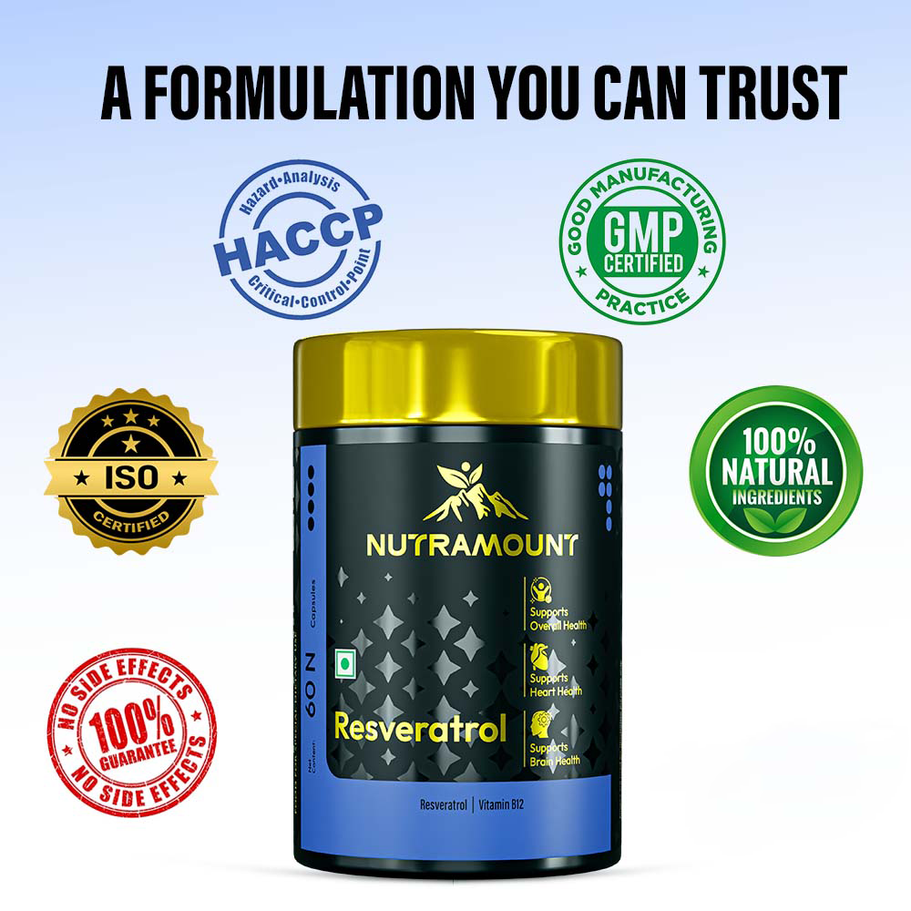 Product graphic for Nutramount Resveratrol featuring a supplement bottle surrounded by HACCP, GMP, ISO, and natural ingredient certification seals.
