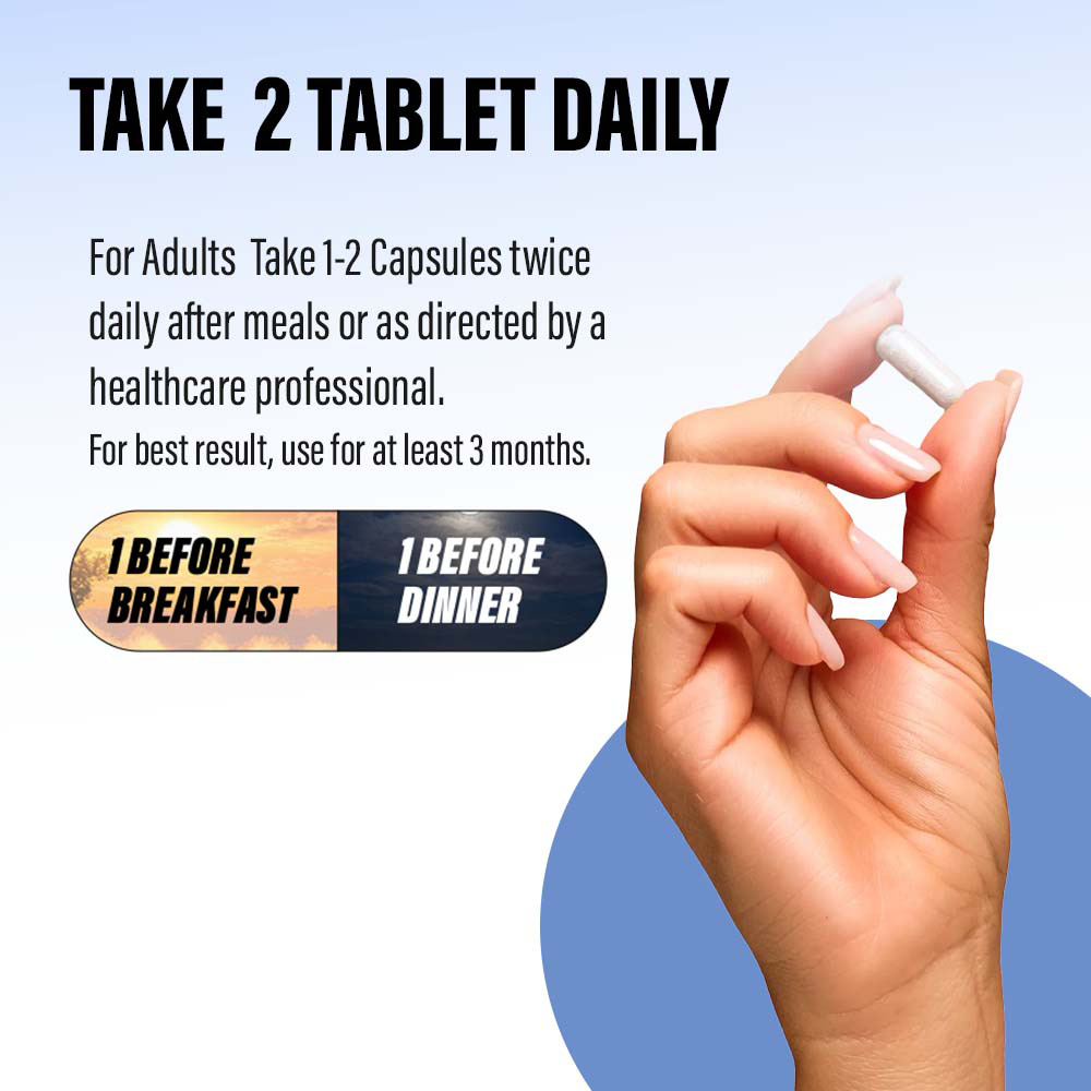A supplement infographic featuring a hand holding a capsule with usage instructions for taking one tablet before breakfast and one before dinner.
