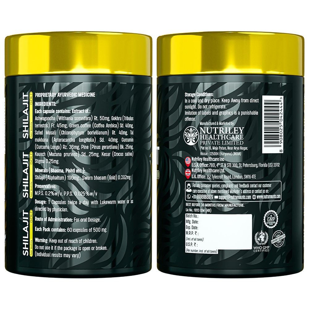 Two side-by-side views of a Nutramount Shilajit Gold supplement bottle showing the back and side labels. The labels list Ayurvedic ingredients like Ashwagandha and Gokshura, along with manufacturing details and quality certifications.