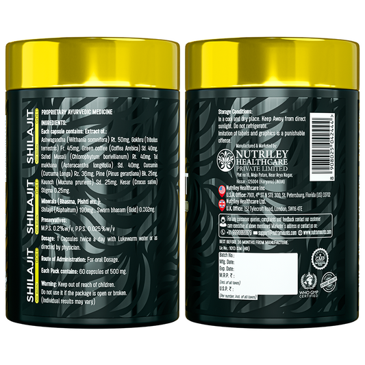 Two side-by-side views of a Nutramount Shilajit Gold supplement bottle showing the back and side labels. The labels list Ayurvedic ingredients like Ashwagandha and Gokshura, along with manufacturing details and quality certifications.