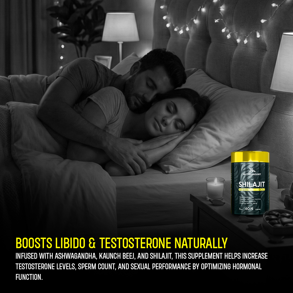 A color bottle of Nutramount Shilajit Gold capsules sits on a nightstand next to a black-and-white image of a couple sleeping. Text below highlights natural libido and testosterone support.