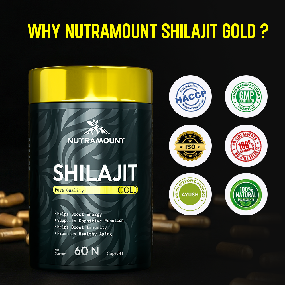 A bottle of Nutramount Shilajit Gold capsules with several certification seals (HACCP, GMP, ISO, AYUSH) and icons for natural ingredients and no side effects. Yellow text reads, "WHY NUTRAMOUNT SHILAJIT GOLD?"