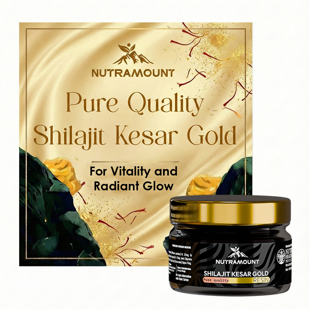 Marketing graphic for **Nutramount Shilajit Kesar Gold** featuring the product jar against a gold silk background with saffron strands. It highlights "Pure Quality" for **vitality and radiant glow**.