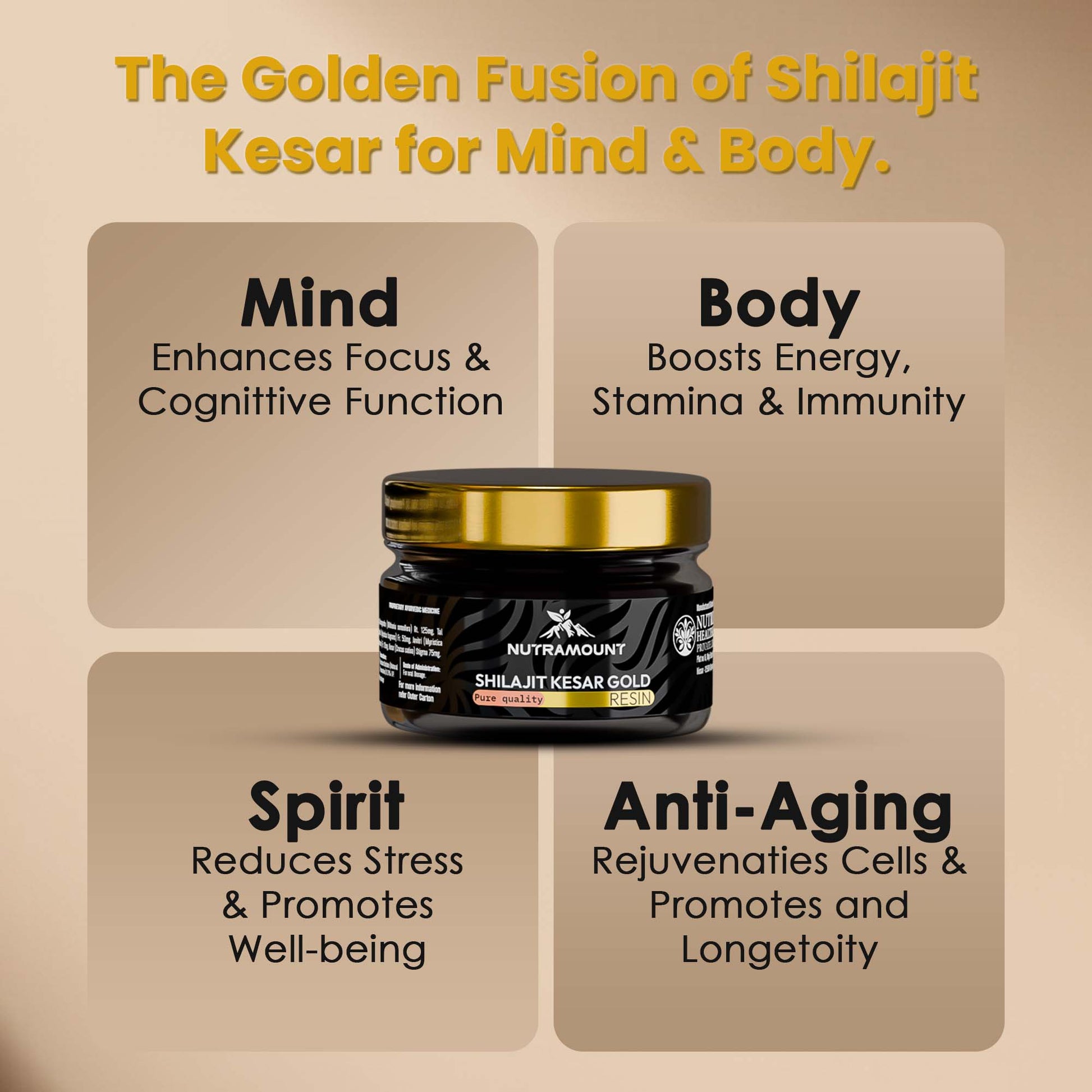 Marketing graphic for **Shilajit Kesar Gold** titled "The Golden Fusion for Mind & Body." It highlights benefits for **Mind**, **Body**, **Spirit**, and **Anti-Aging**, including enhanced focus, energy, and stress reduction.