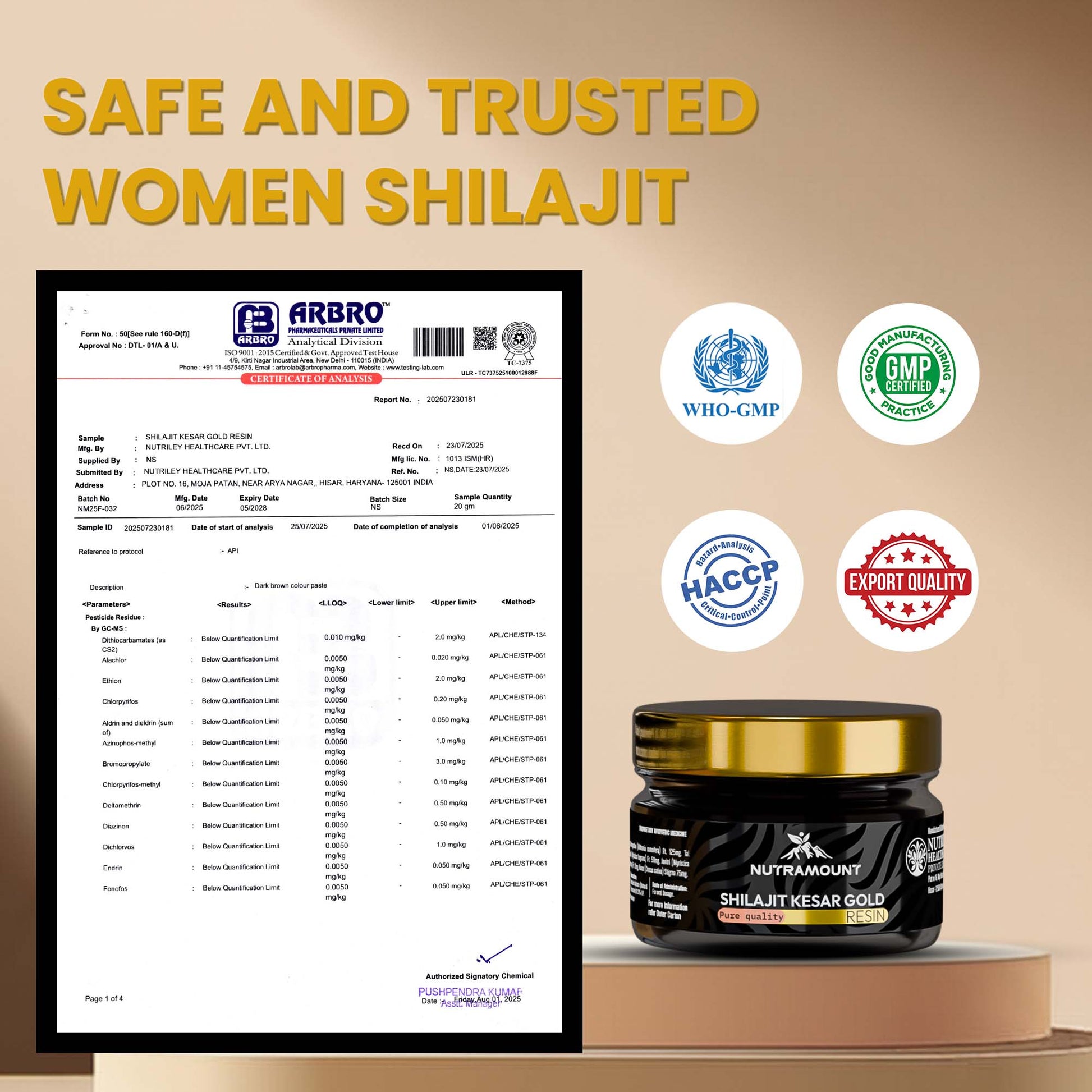 Marketing graphic for **Shilajit Kesar Gold** titled "Safe and Trusted Women Shilajit." It shows a **Certificate of Analysis** and trust seals for **WHO-GMP**, **HACCP**, and **GMP** to ensure product safety.