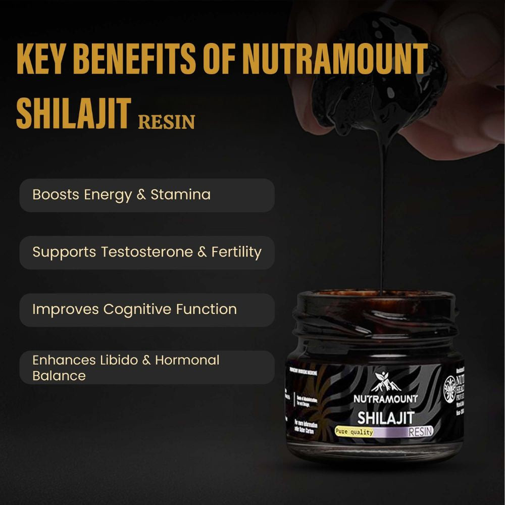 Marketing graphic for **Shilajit Resin** showing the product dripping into a jar. It lists benefits including **boosted energy**, testosterone support, **cognitive function**, and hormonal balance.