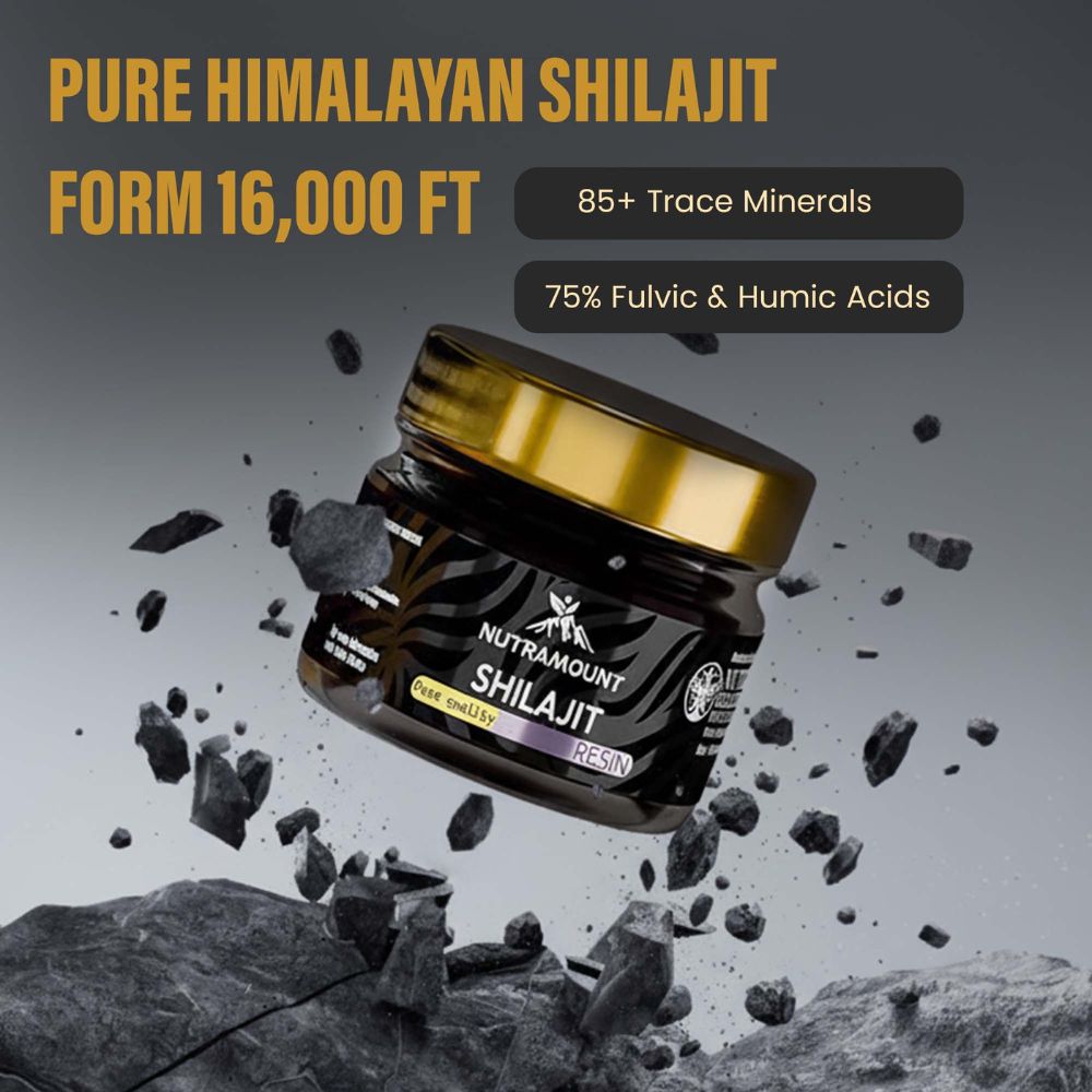 Marketing graphic for **Nutramount Shilajit Resin** floating above dark rocks. Text highlights it is sourced from **16,000 ft** in the Himalayas, containing **85+ trace minerals** and **75% Fulvic & Humic acids**.