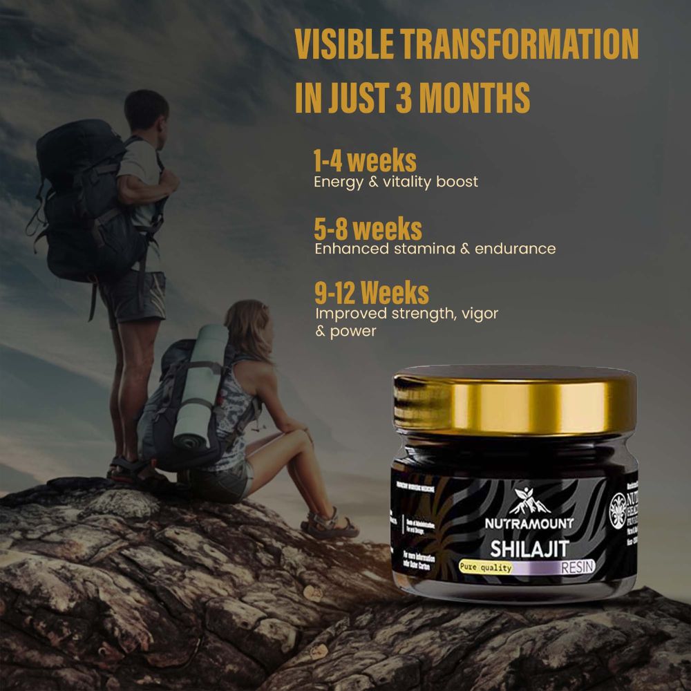 Marketing graphic for **Nutramount Shilajit Resin** showing a 3-month timeline for "Visible Transformation." It highlights benefits like **energy**, **stamina**, and **strength** alongside an image of two hikers on a mountain peak.