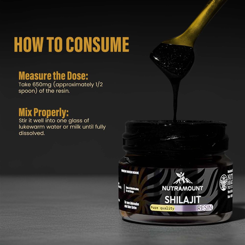 Marketing graphic titled "**How to Consume**" showing a spoon lifting **Shilajit Resin** from a jar. It instructs to mix a **650mg dose** into lukewarm water or milk.