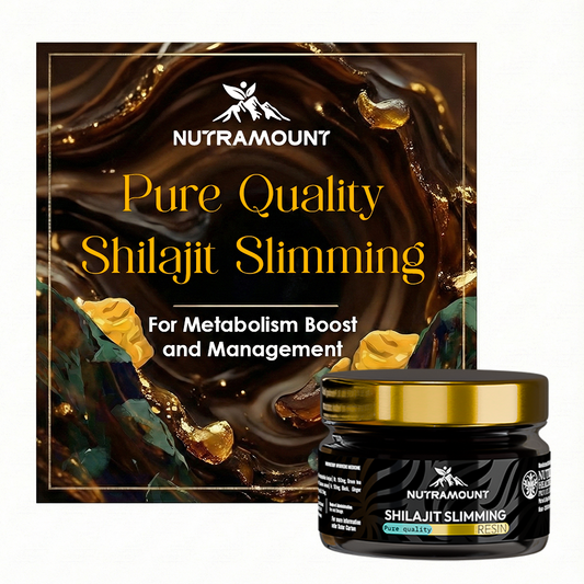 Marketing graphic for **Shilajit Slimming Resin** featuring the product jar against a swirling dark resin background. It highlights "Pure Quality" for **metabolism boost and management**.