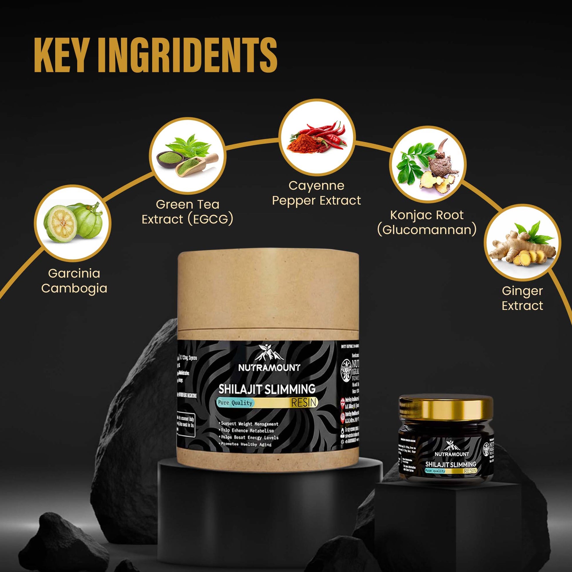 Marketing graphic titled "**Key Ingredients**" for **Shilajit Slimming Resin**. It features the product packaging alongside icons for **Garcinia Cambogia**, **Green Tea**, **Cayenne Pepper**, **Konjac Root**, and **Ginger Extract**.