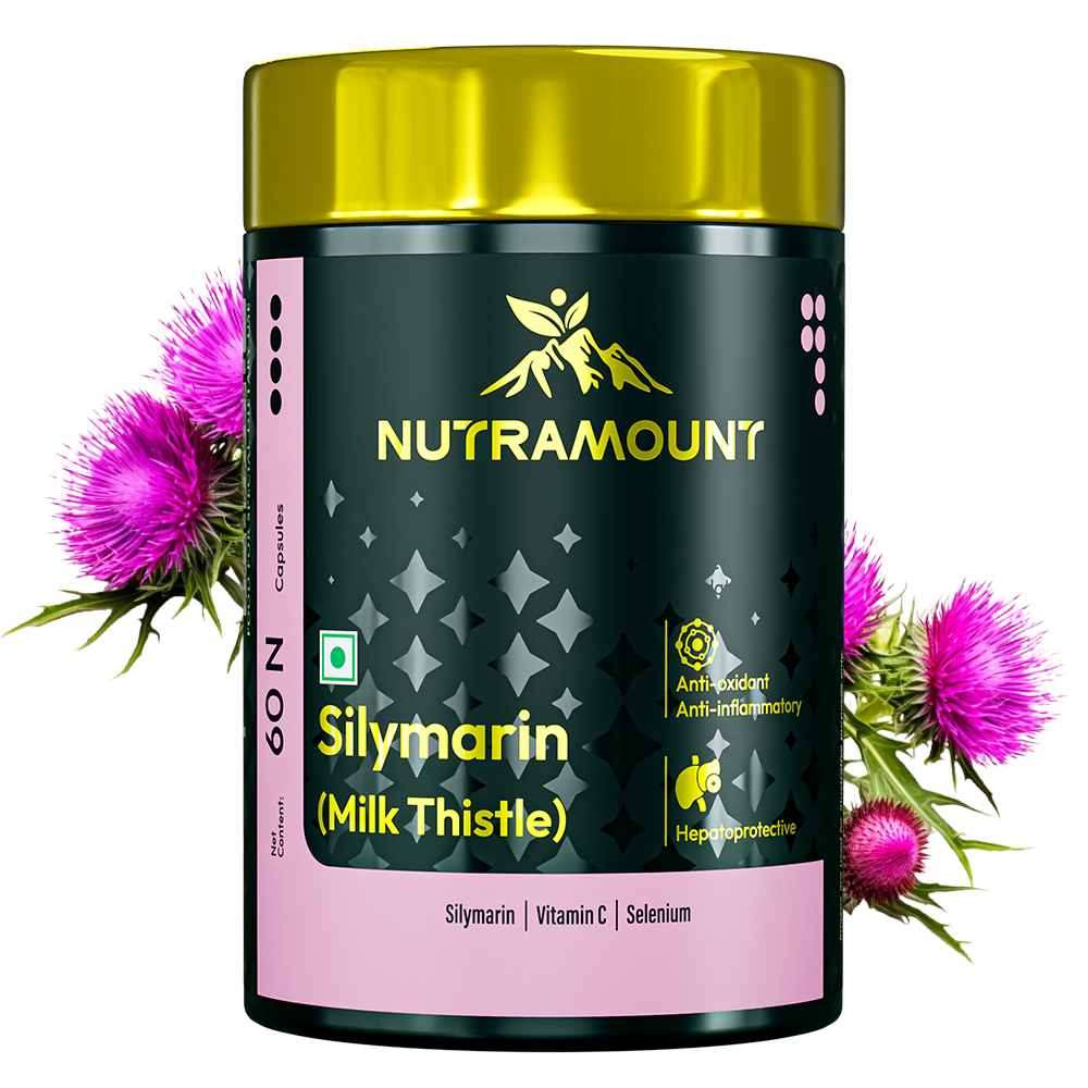 Nutramount Silymarin (Milk Thistle) supplement bottle from image_e18298.jpg, featuring a gold lid and pink label. The image includes purple milk thistle flowers and icons highlighting anti-oxidant, anti-inflammatory, and hepatoprotective benefits.
