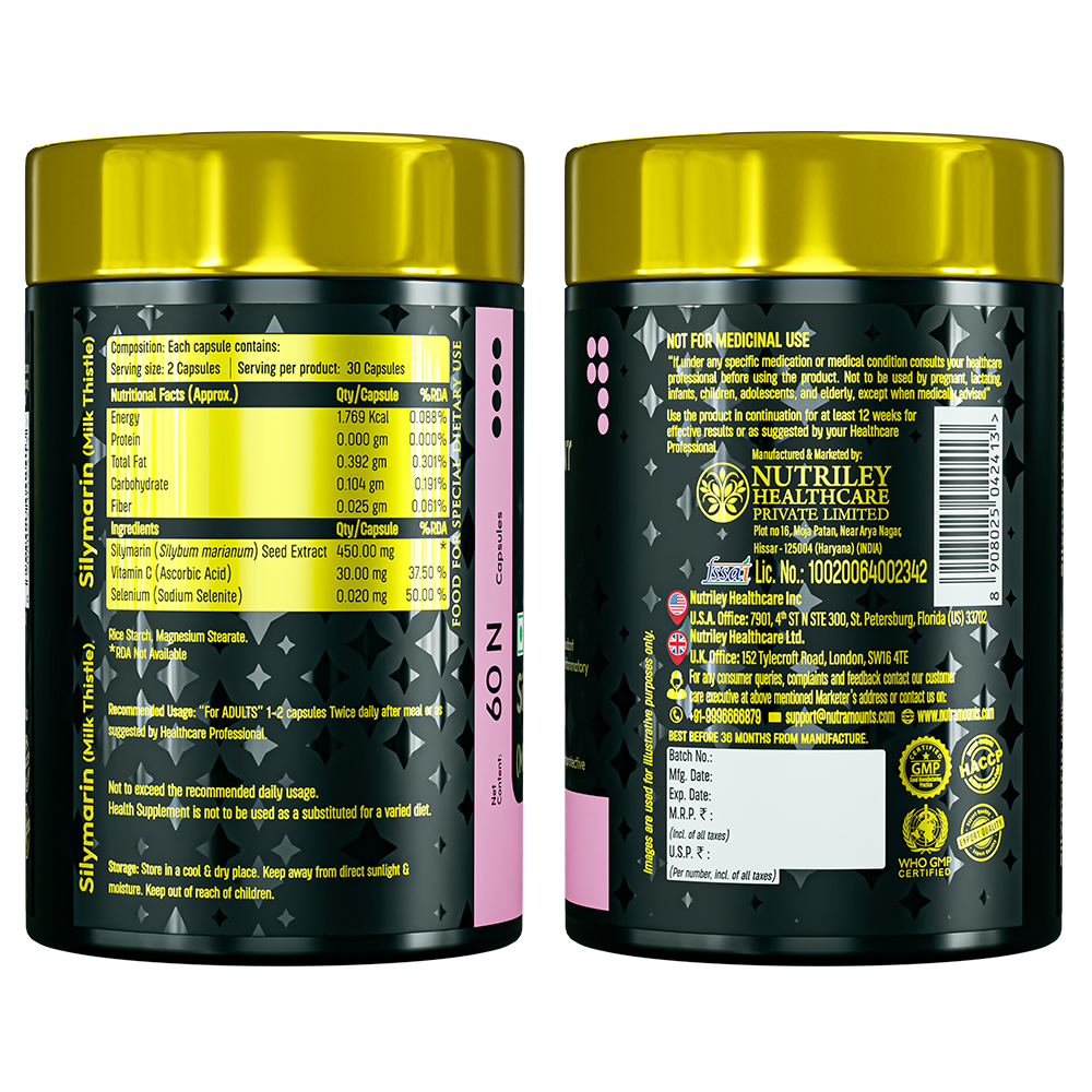 Rear label of image_e17bb2.jpg showing nutritional facts for Nutramount Silymarin (Milk Thistle), including Silybum marianum seed extract, Vitamin C, and Selenium. The image also displays manufacturer details for Nutriley Healthcare and quality certifications like GMP and HACCP.