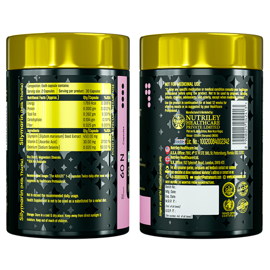 Rear label of image_e17bb2.jpg showing nutritional facts for Nutramount Silymarin (Milk Thistle), including Silybum marianum seed extract, Vitamin C, and Selenium. The image also displays manufacturer details for Nutriley Healthcare and quality certifications like GMP and HACCP.