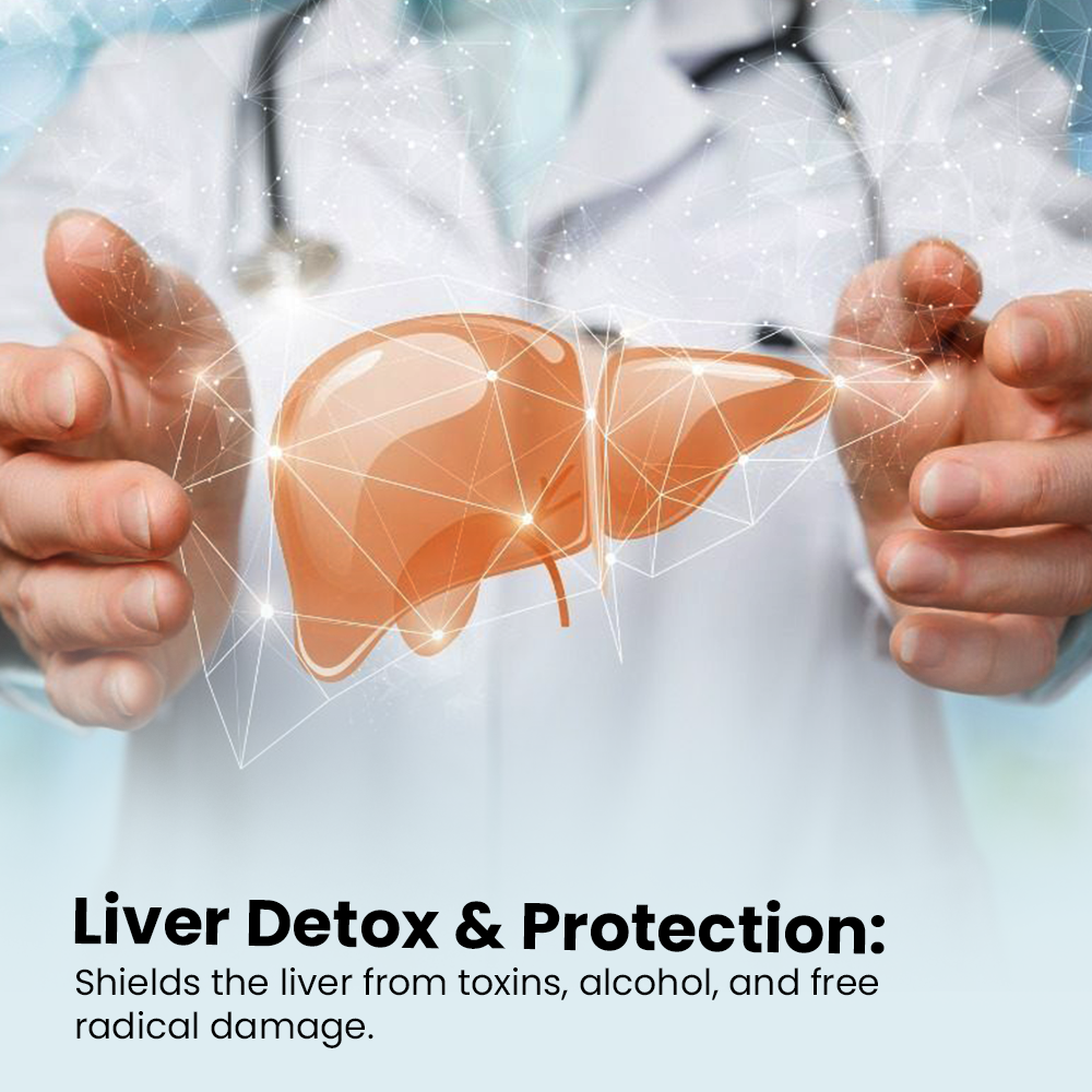 Infographic for "Liver Detox & Protection" featuring a doctor's hands cupping a digital, glowing liver illustration. Text states that it shields the liver from toxins, alcohol, and free radical damage.