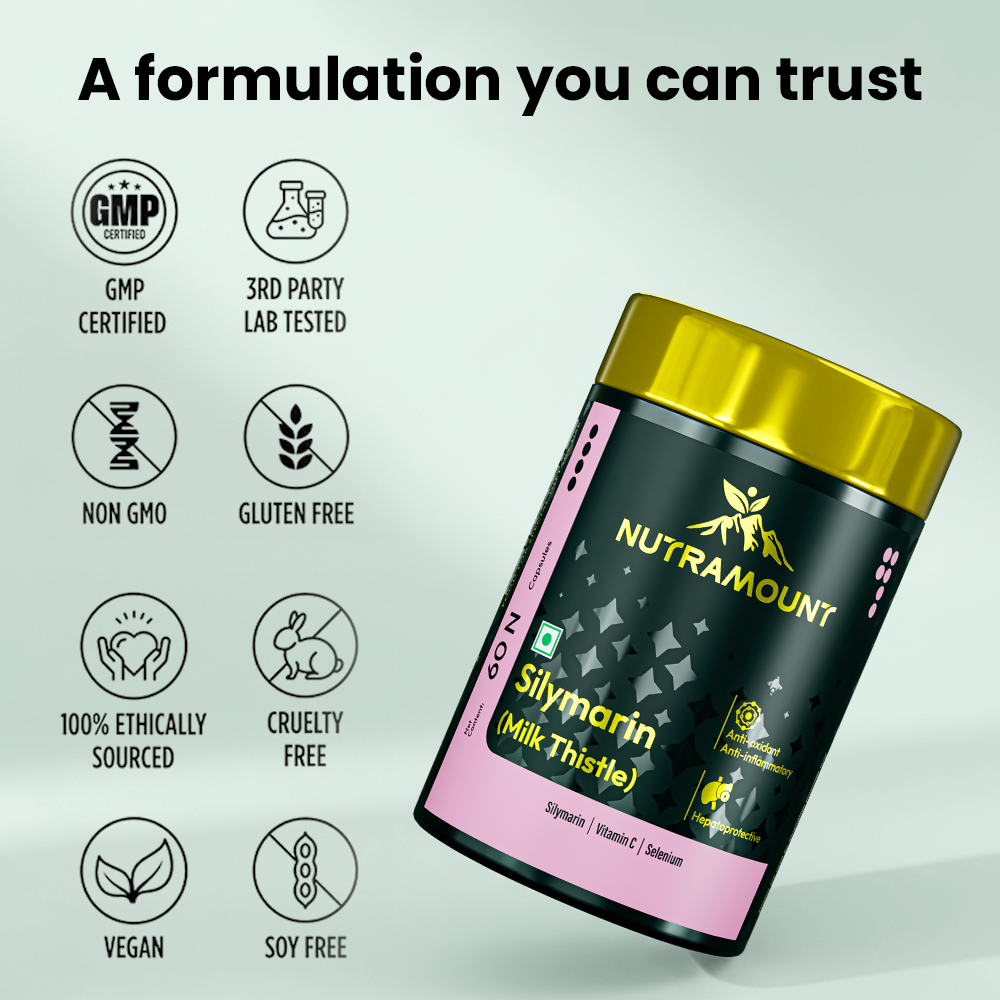 Infographic from image_e11659.jpg titled "A formulation you can trust". It features a Nutramount Silymarin (Milk Thistle) bottle alongside eight icons certifying the product is GMP certified, 3rd party lab tested, non-GMO, gluten-free, 100% ethically sourced, cruelty-free, vegan, and soy-free.