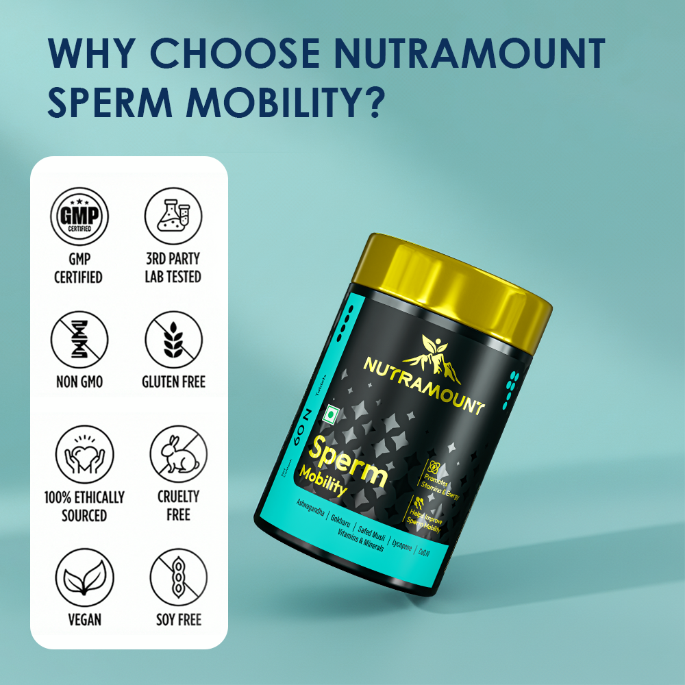 Infographic for Nutramount Sperm Mobility supplement featuring a product bottle alongside eight quality assurance icons, including GMP certified, Non-GMO, Vegan, and Cruelty-Free.