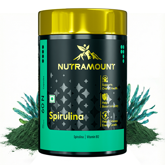 A black and teal bottle of Nutramount Spirulina with Vitamin B12, flanked by piles of green spirulina powder and seaweed. The label highlights benefits for overall health, immunity, and energy levels.