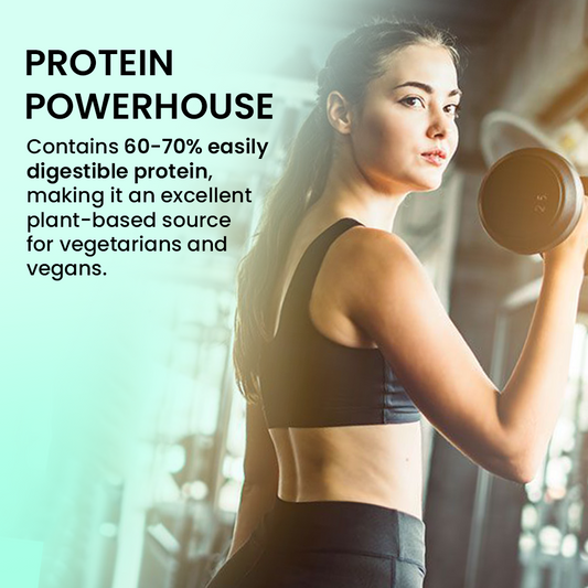 A woman lifting a dumbbell in a gym, with a text overlay titled "PROTEIN POWERHOUSE" explaining that the product contains 60-70% digestible protein, making it an ideal plant-based source for vegetarians and vegans.