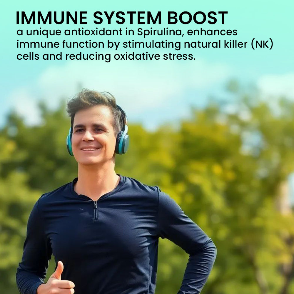 A man jogging outdoors wearing headphones and giving a thumbs-up, with a text overlay titled "IMMUNE SYSTEM BOOST" explaining how antioxidants in Spirulina enhance immune function.
