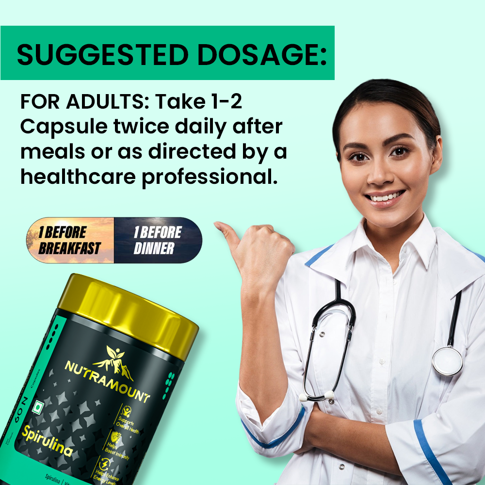 A smiling female doctor with a stethoscope points toward a bottle of Nutramount Spirulina. Text overlay titled "SUGGESTED DOSAGE" recommends adults take 1–2 capsules twice daily, with a visual guide suggesting one before breakfast and one before dinner.