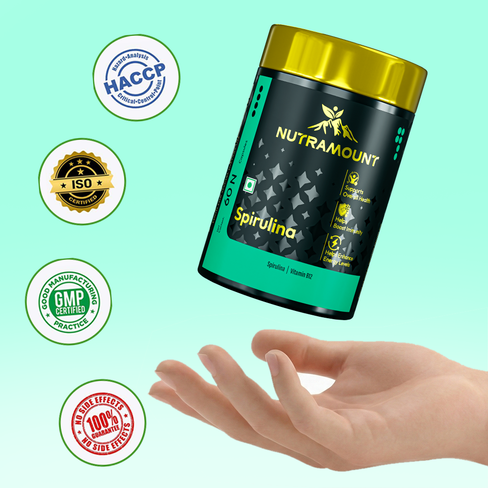 A floating bottle of Nutramount Spirulina sits above an open hand. To the left, certification seals for HACCP, ISO, and GMP are displayed along with a "100% no side effects" guarantee.