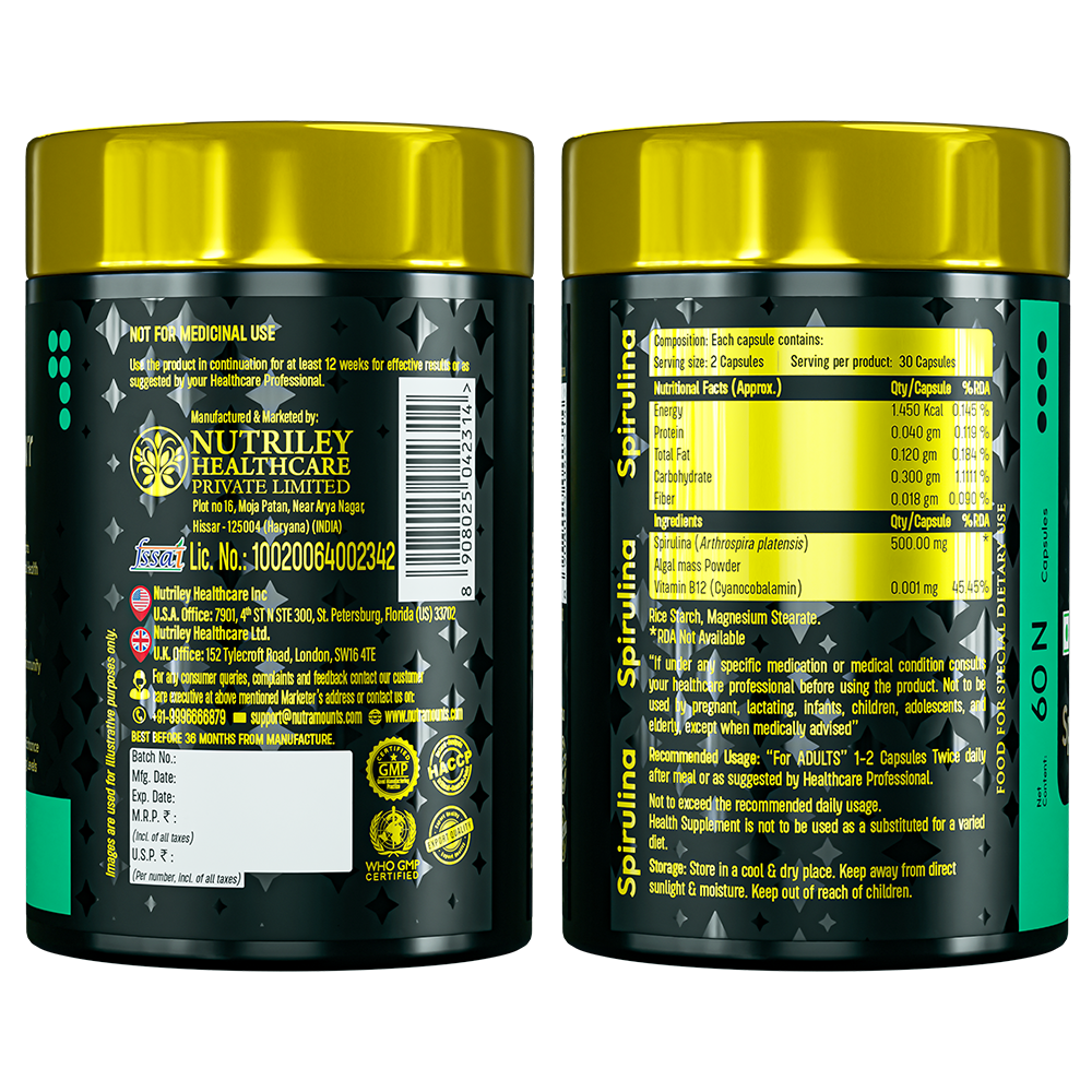 Two side-by-side views of a Nutramount Spirulina bottle displaying nutritional facts, a full ingredient list including Vitamin B12, and manufacturing details. The label includes dosage recommendations, storage conditions, and various quality certification seals.