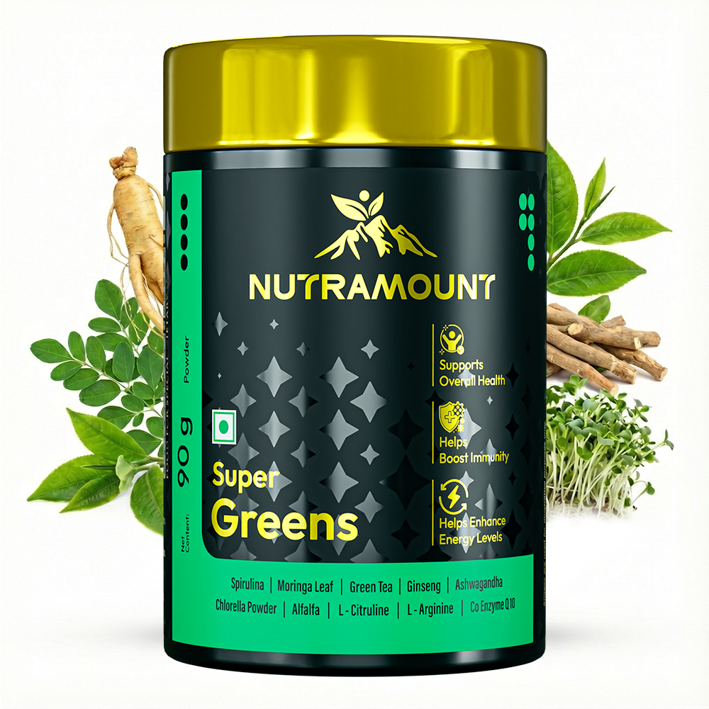A 90g container of **Nutramount Super Greens** with a gold lid and green-and-black label. It highlights health, immunity, and energy benefits, featuring ingredients like **Spirulina** and **Moringa** against a backdrop of raw herbs.