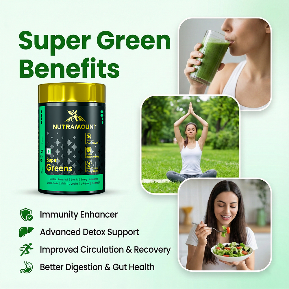 Marketing graphic for **Super Greens** highlighting benefits like **immunity**, **detox**, and **digestion**. It features the product alongside images of healthy lifestyle activities like yoga and clean eating.