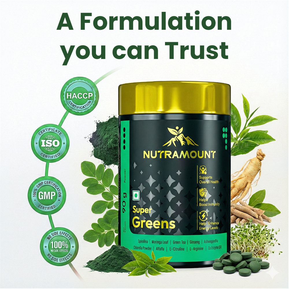Marketing graphic for **Nutramount Super Greens** with four trust seals: **HACCP**, **ISO**, **GMP**, and **100% No Side Effects**. The product is displayed with raw green powder and herbs under the headline "A Formulation you can Trust."
