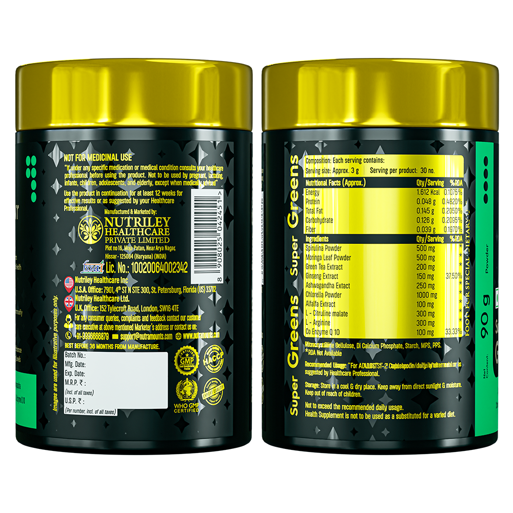Two views of the **Super Greens** label. One side displays manufacturer details and trust seals, while the other provides **Nutritional Facts** and specific ingredient dosages for **Spirulina**, **Moringa**, and **Chlorella**.
