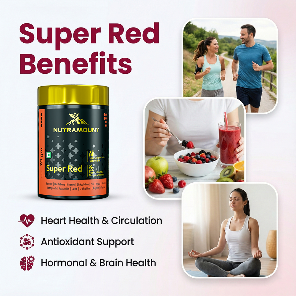 Infographic listing Super Red benefits for heart, antioxidant, and hormonal health, with lifestyle images of a couple jogging, a woman eating fruit, and a woman meditating.