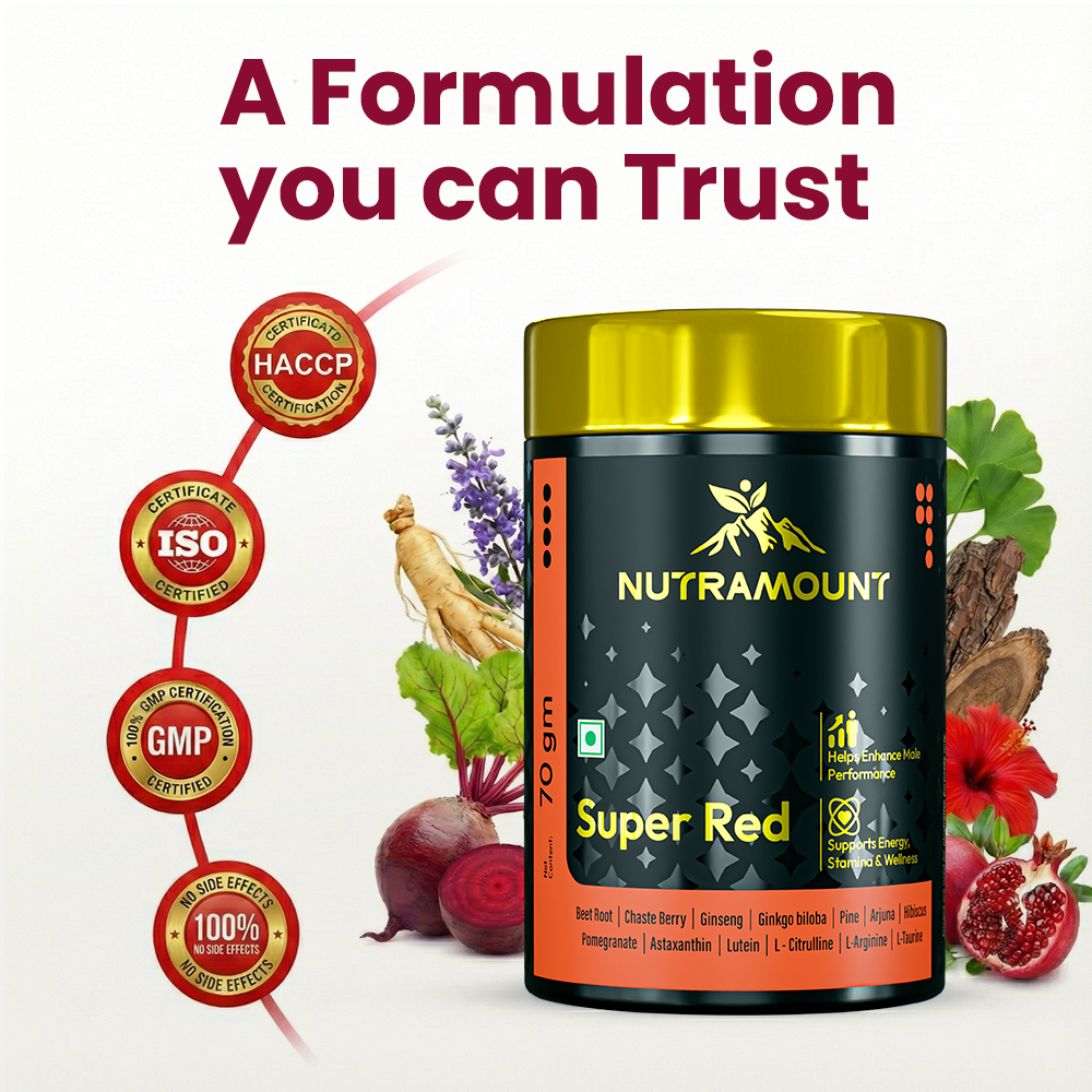 Nutramount Super Red supplement bottle shown with HACCP, ISO, and GMP certification seals alongside natural ingredients like beetroot and pomegranate.