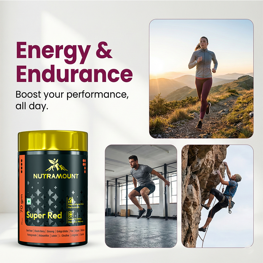 Infographic for Nutramount Super Red supplement highlighting "Energy & Endurance" with lifestyle images of a woman trail running, a man box jumping, and a man rock climbing.