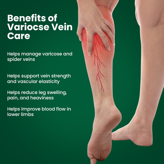 Infographic illustrating the benefits of Varicose Vein Care, featuring a person holding their calf with a highlighted vein graphic to show support for vein strength, blood flow, and reduced leg swelling.