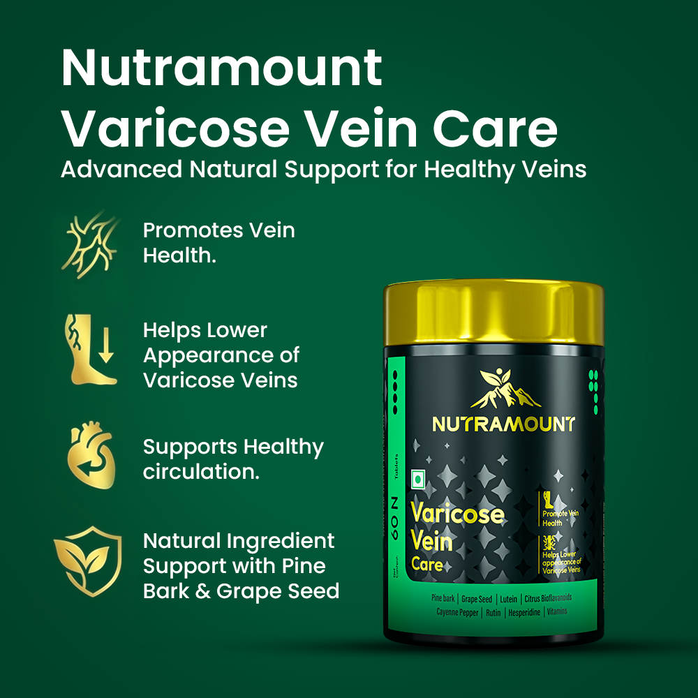 Infographic for Nutramount Varicose Vein Care supplement featuring a product bottle alongside four icons highlighting its benefits for vein health, circulation, and natural support from pine bark and grape seed.
