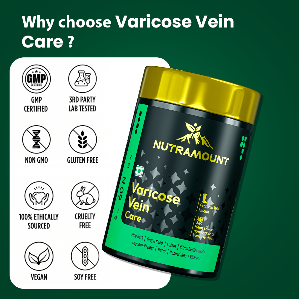 Infographic for Nutramount Varicose Vein Care supplement featuring a product bottle alongside eight quality assurance icons, including GMP certified, Non-GMO, Vegan, and Cruelty-Free.