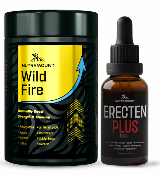 Nutramount Wild Fire strength supplement jar and Erecten Plus performance dropper bottle on a white background.