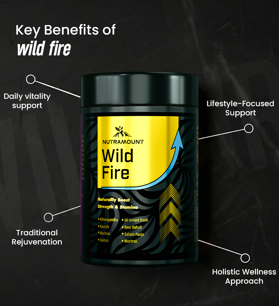 Infographic for Nutramount Wild Fire supplement jar detailing benefits: daily vitality, lifestyle-focused support, traditional rejuvenation, and holistic wellness.